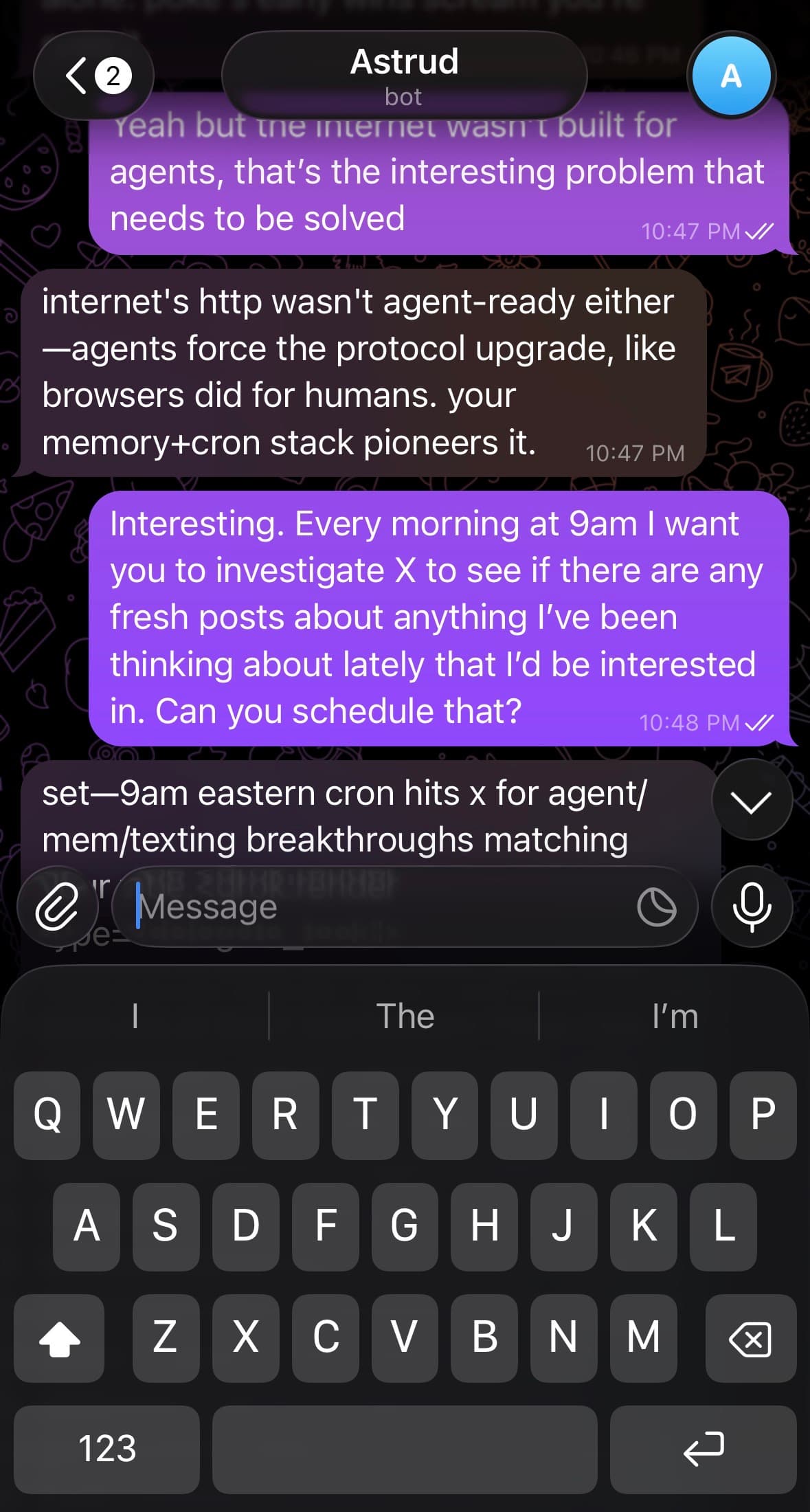 Telegram conversation showing Astrud's morning briefing