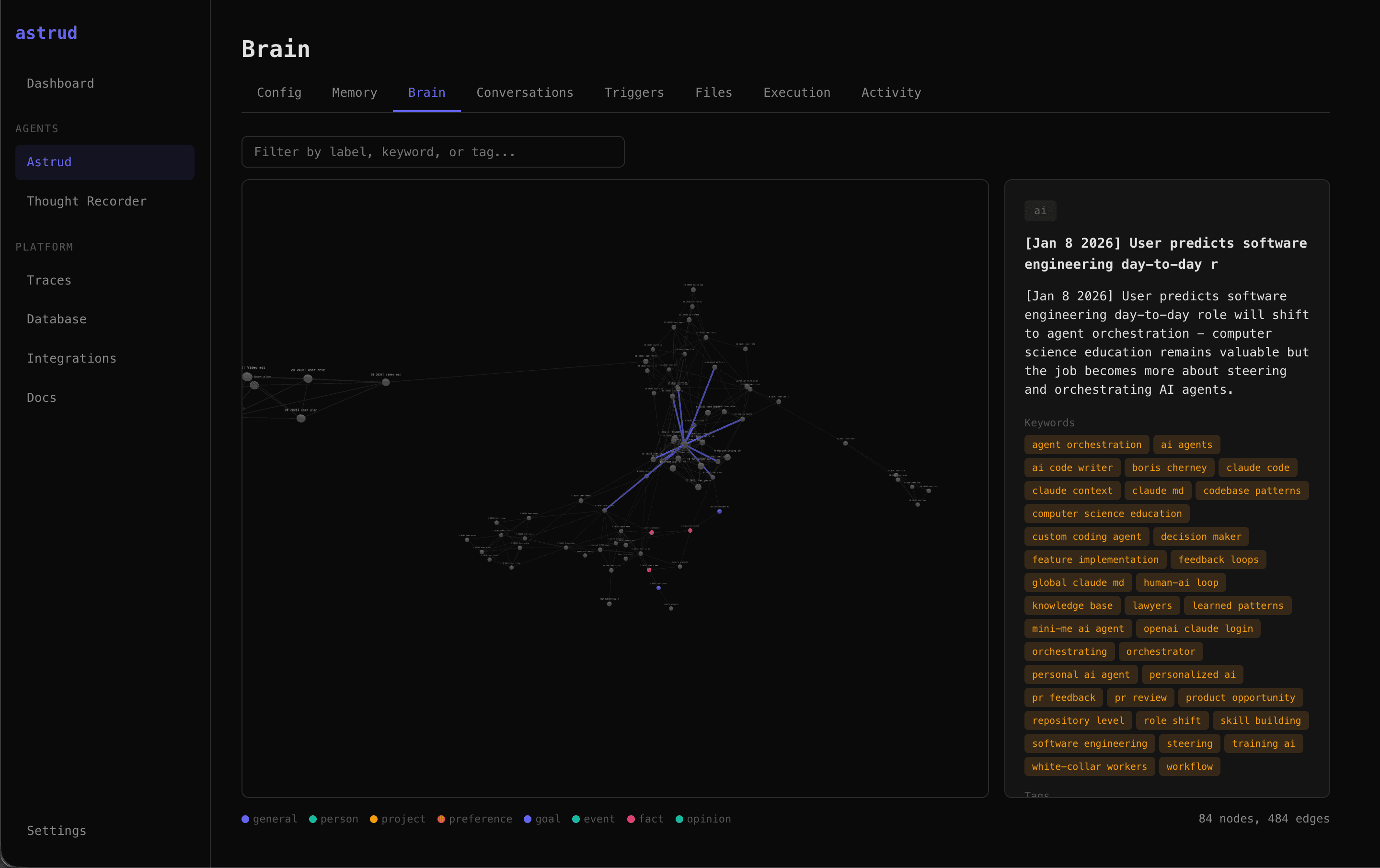 A memory node showing the atomic fact, tags, and connections