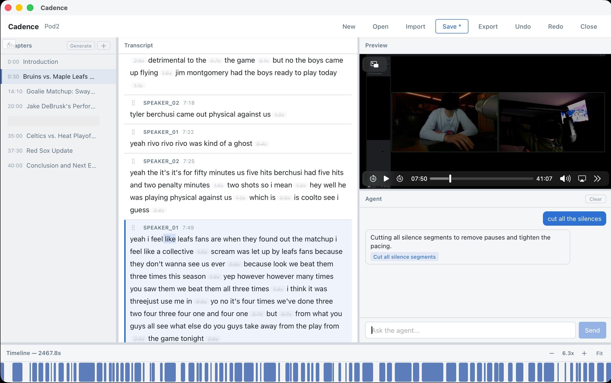 Transcript editor with video preview showing deleted sections