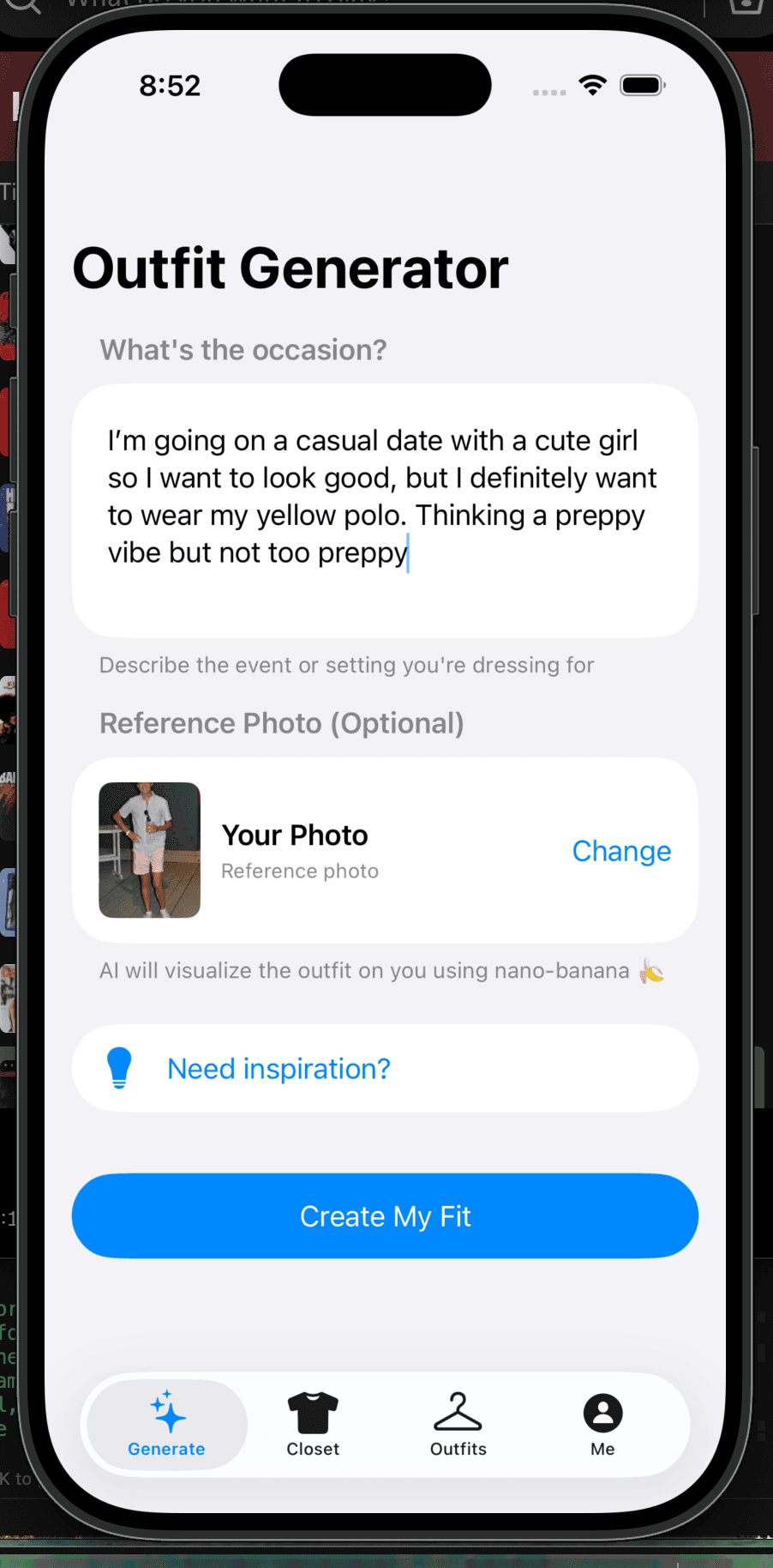 Outfit generator view with selected wardrobe items and generated mockup