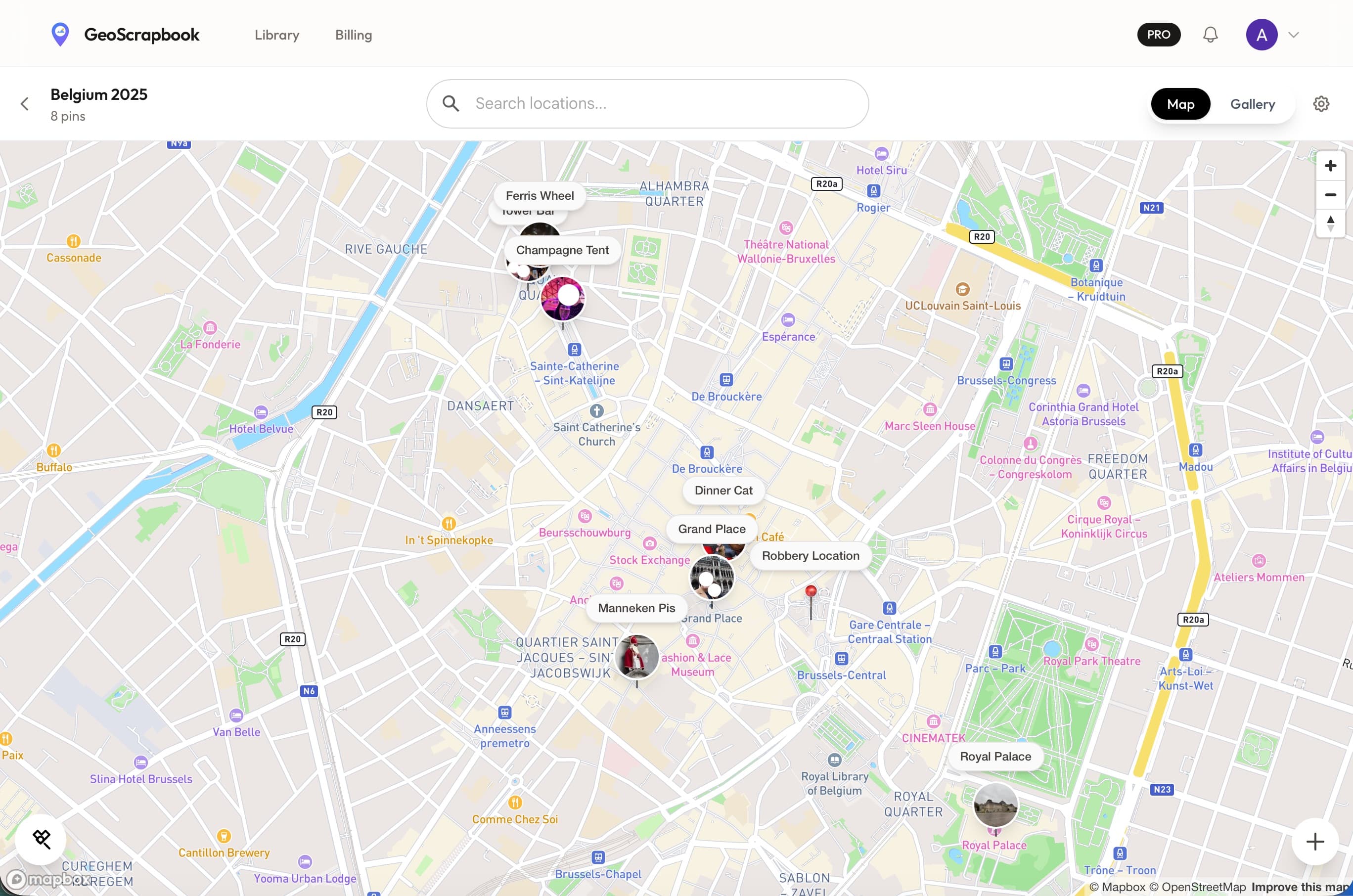 Map view with photo pins across a city