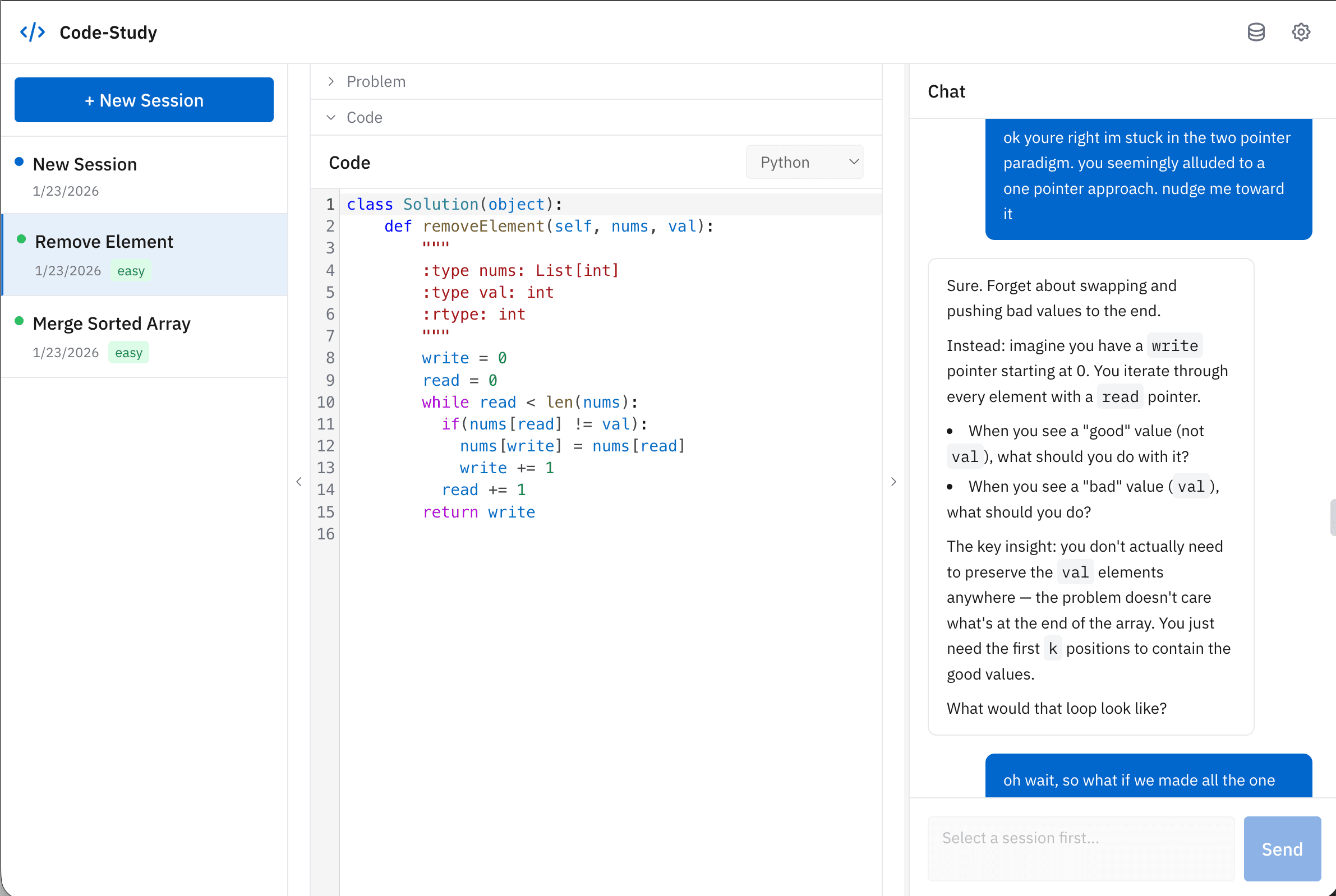Split-pane view with code editor and Socratic tutor conversation